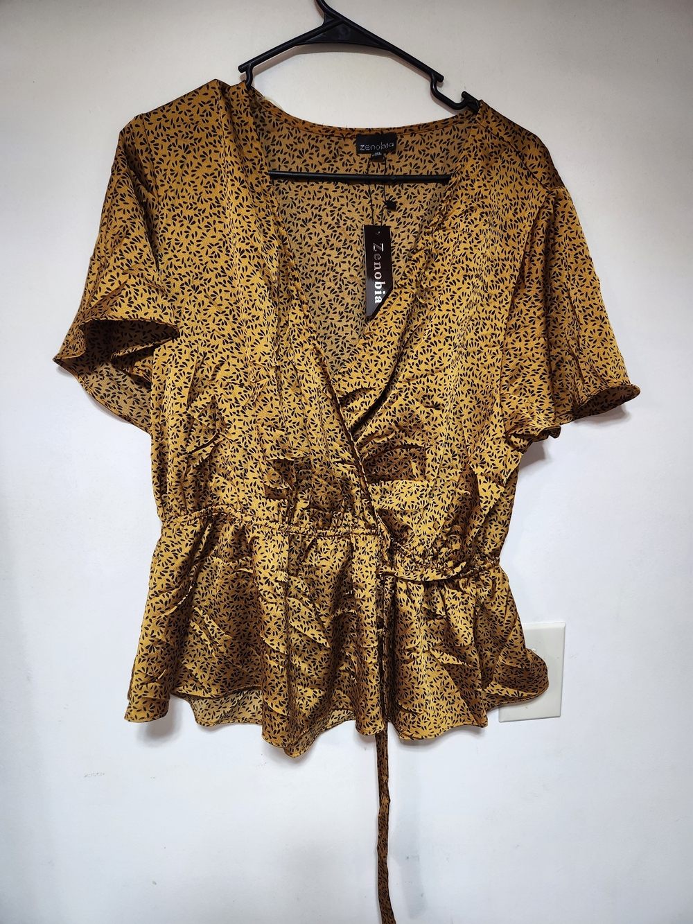 Zenobia Mustard Black Floral Wrap Peplum Blouse Size 3XL NWT